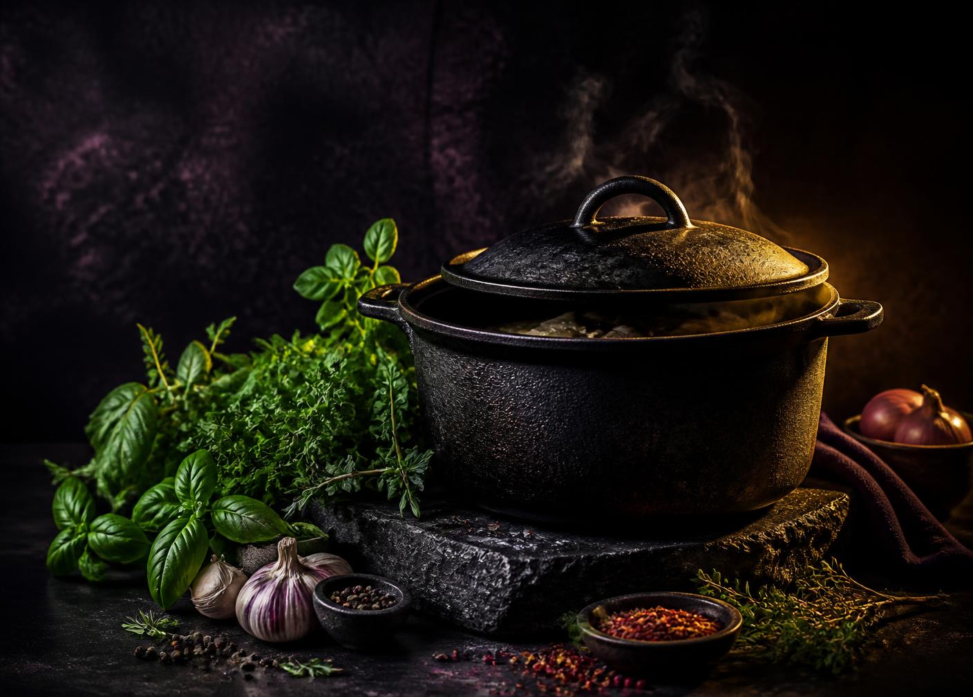 Kotlík s bylinkami a kořením – teplá kuchyně restaurace